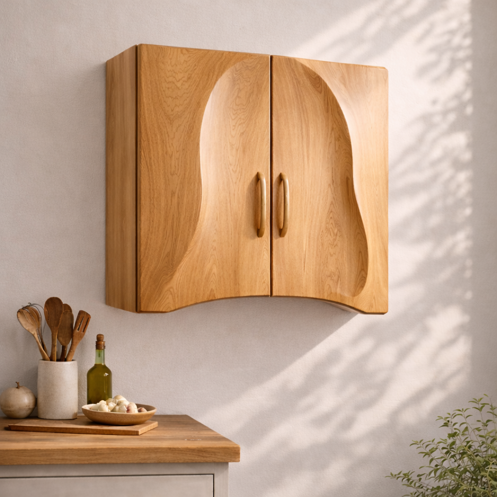 Solid Wood Kitchen Cabinet with Sculpted Curved Doors – Modern Wall Storage Cabinet