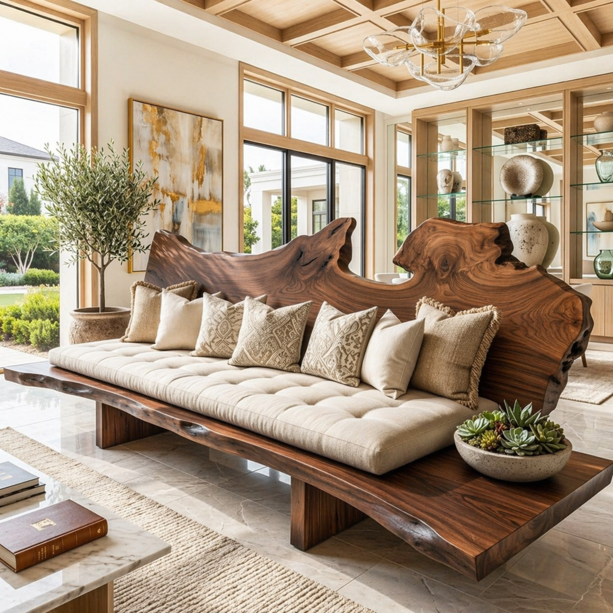 Organic Modern Live Edge Sofa Bench, Rustic Statement Living Room Furniture Design