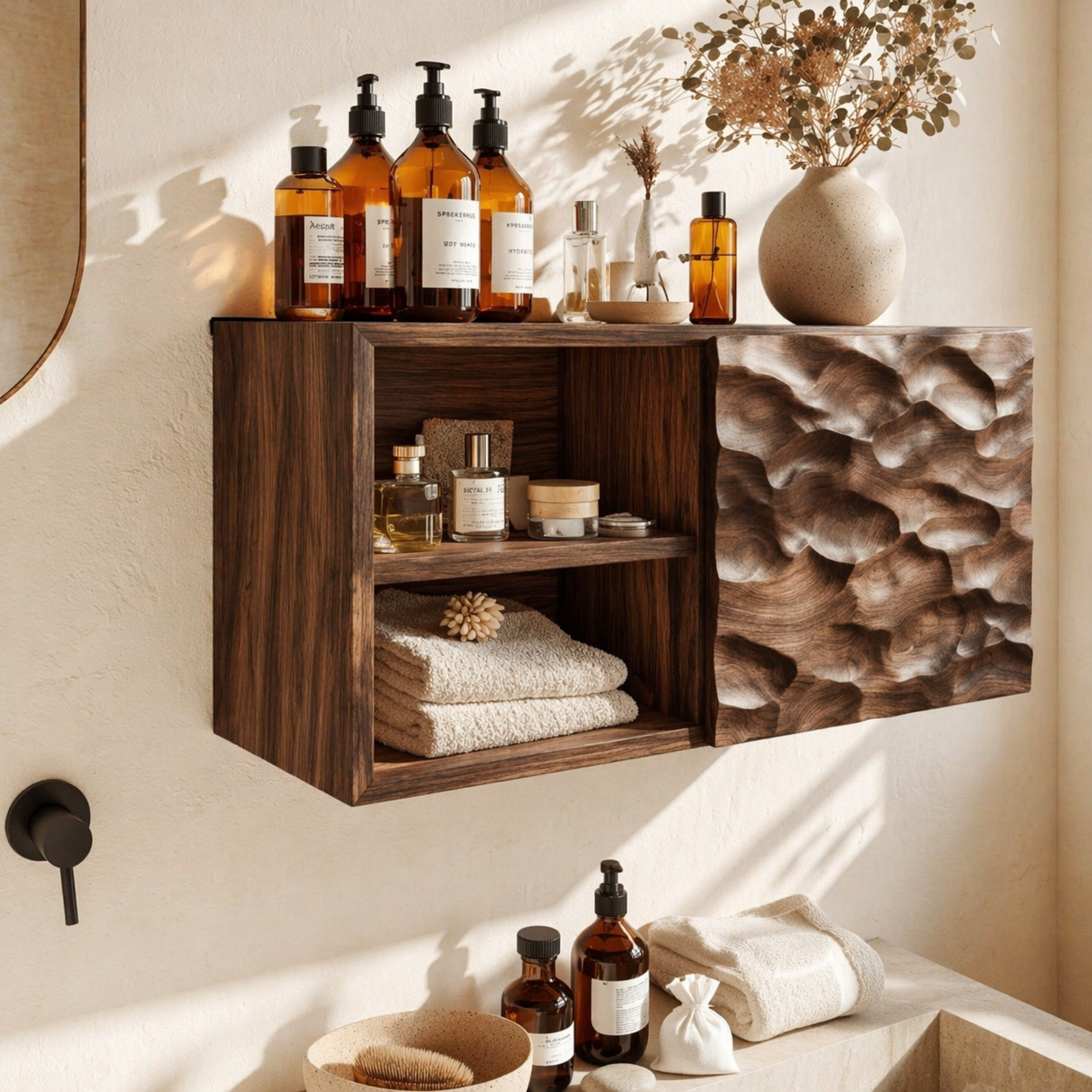 Floating Bathroom Cabinet, Modern Sculpted Wall Mounted Vanity Storage Organizer