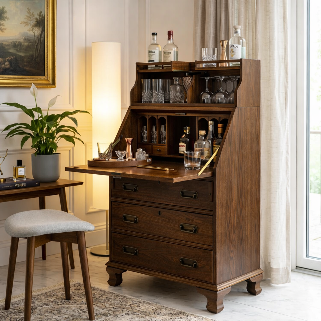 Mid Century Bar Cabinet, Fold-Down Cocktail Console with Glassware Bottle Storage
