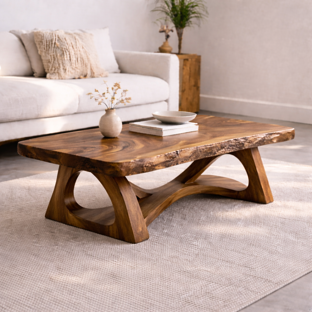 Live Edge Solid Wood Coffee Table with Sculptural Base – Rustic Modern Living Room Table