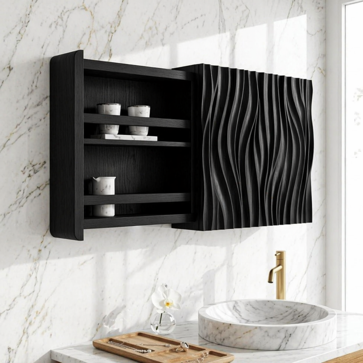 Floating Bathroom Cabinet, Modern Wavy Wall Mounted Vanity Storage Shelf Organizer