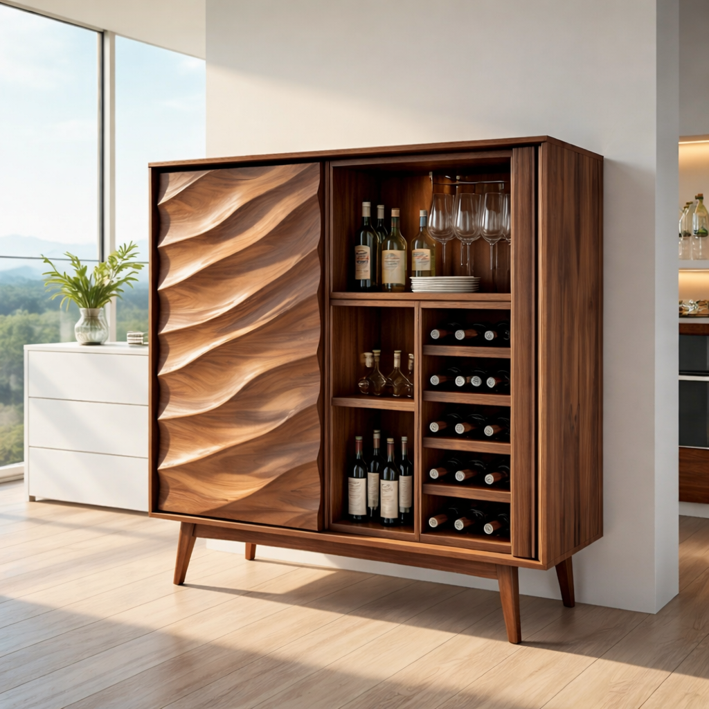 Modern Solid Wood Bar Cabinet with Wine Rack & Sculpted Door – Mid Century Home Bar Storage