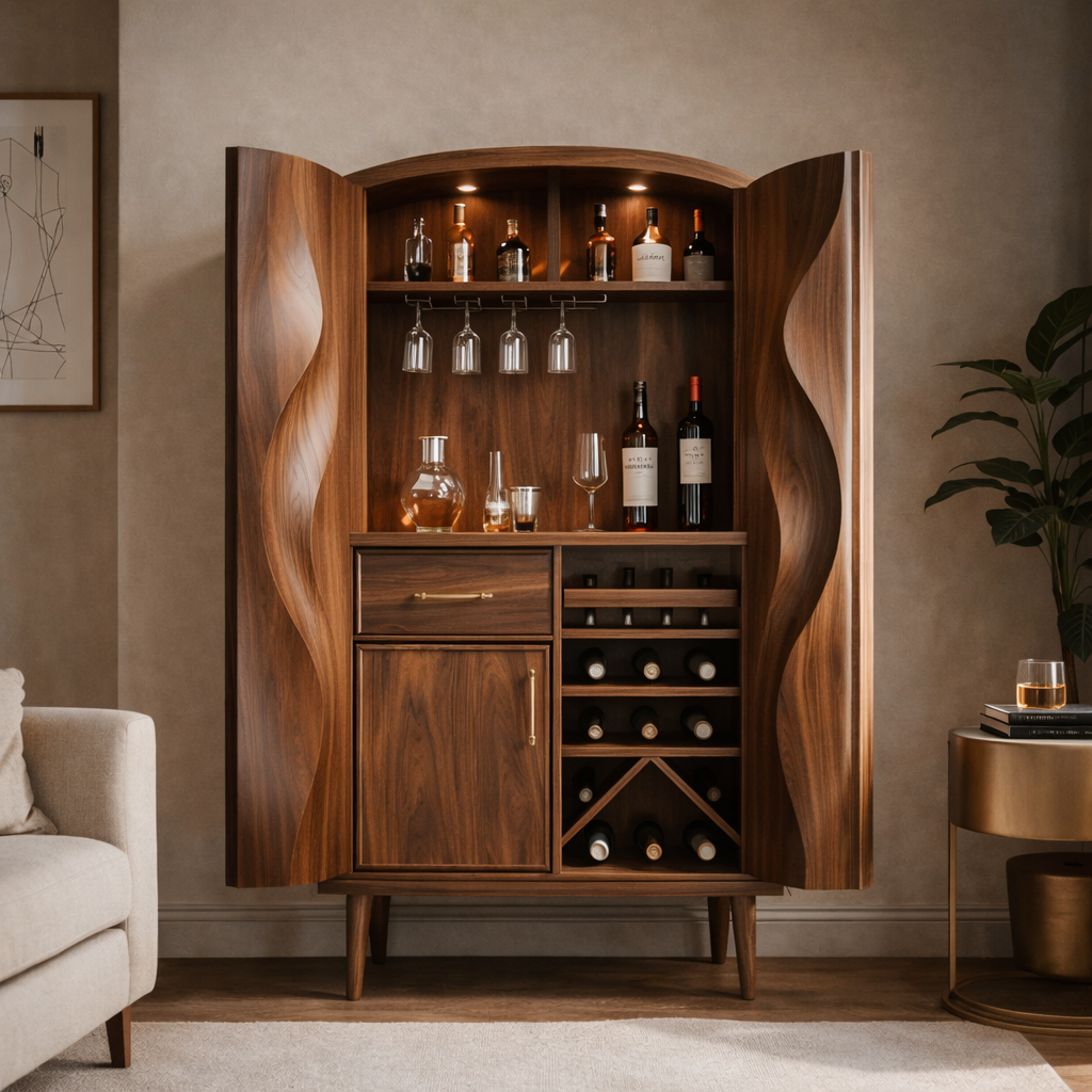 Solid Wood Bar Cabinet with Wine Storage, Glass Rack & Sculpted Wave Doors