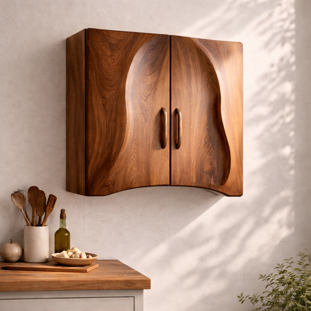 Solid Wood Kitchen Cabinet with Sculpted Curved Doors – Modern Wall Storage Cabinet