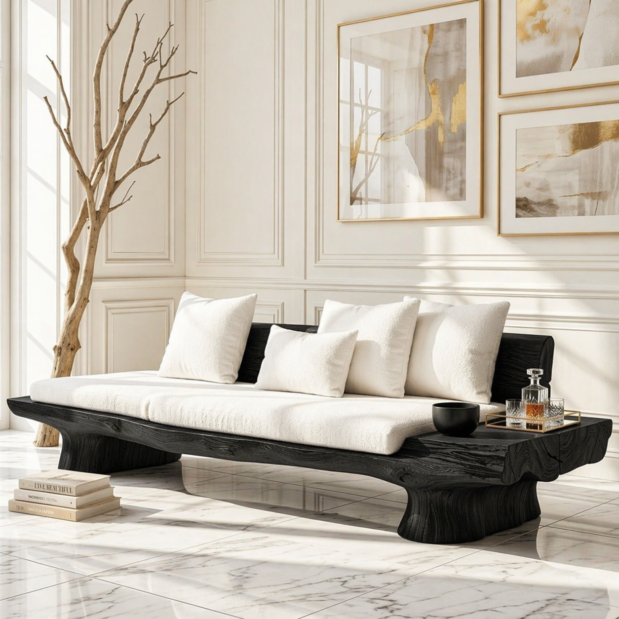 Organic Modern Wooden Sofa, Minimalist Statement Daybed with Plush Cream Cushions