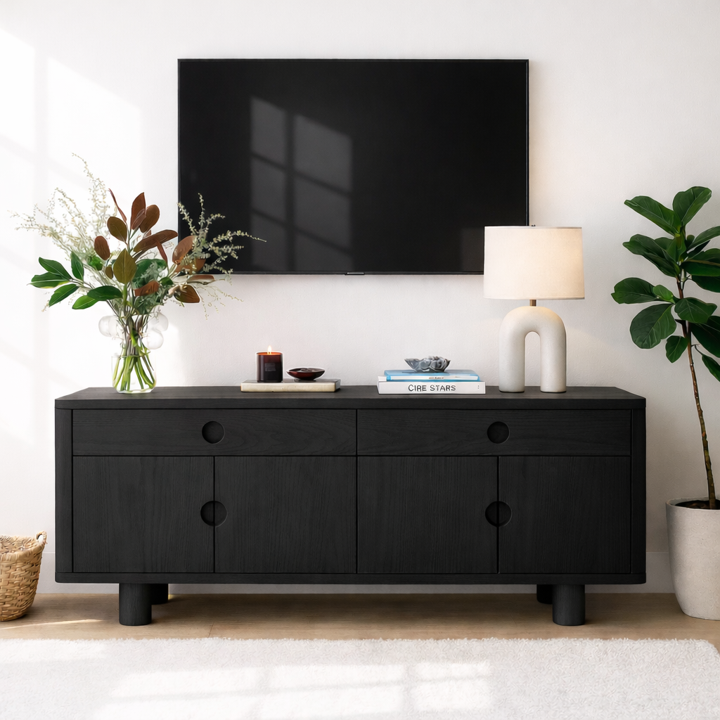 Minimalist Wood TV Stand With Cabinet Doors Long Media Console Modern Entertainment Center Kitchnce