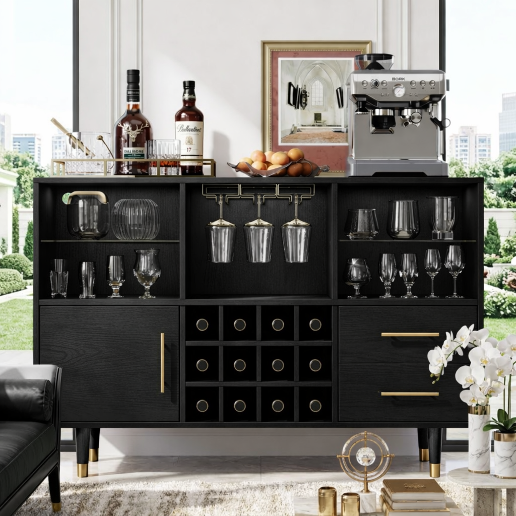 Modern Wooden Bar Cabinet, Coffee Station Sideboard with Built-In Wine-Glass Storage