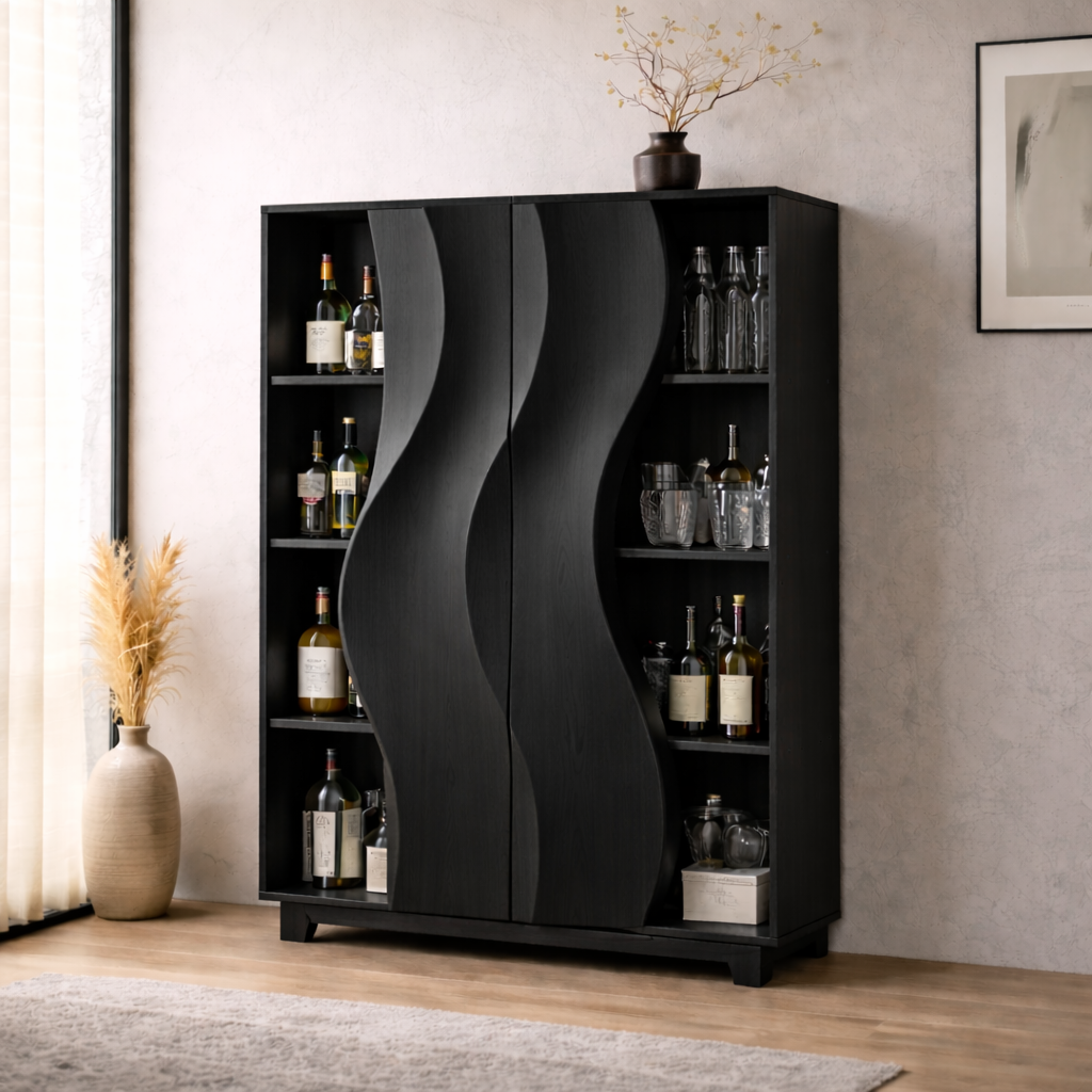 Solid Wood Bar Cabinet with Sculpted Wave Doors and Open Bottle Storage
