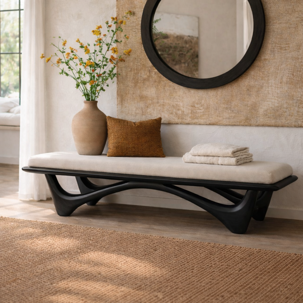 Solid Wood Entryway Bench with Curved Base, Modern Rustic Hallway Seating