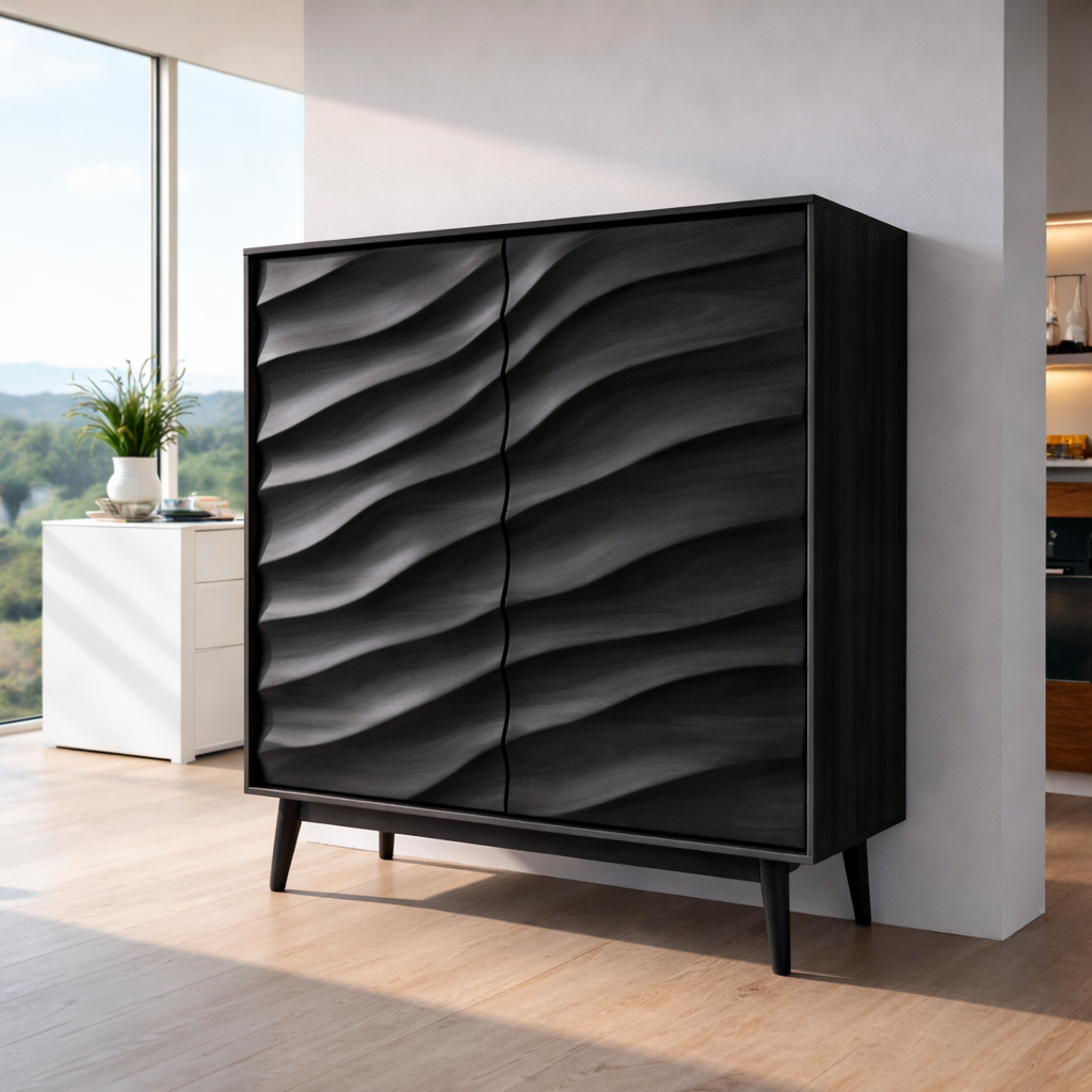 Solid Wood Bar Cabinet with Sculpted Wave Doors – Modern Mid Century Home Bar Storage