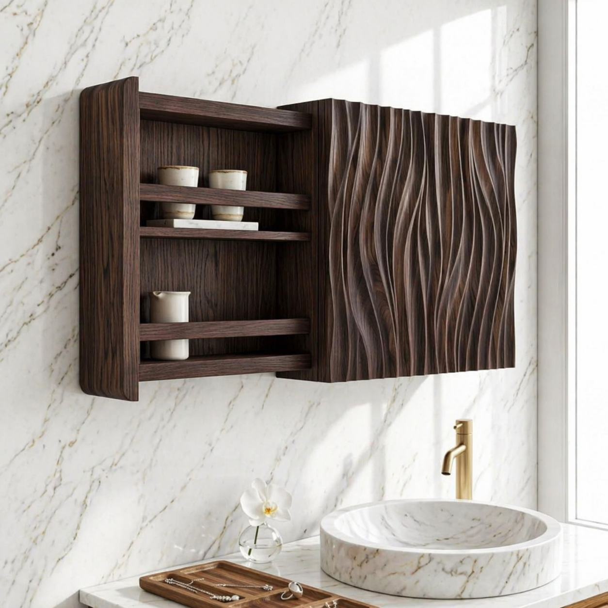 Floating Bathroom Cabinet, Modern Wavy Wall Mounted Vanity Storage Shelf Organizer