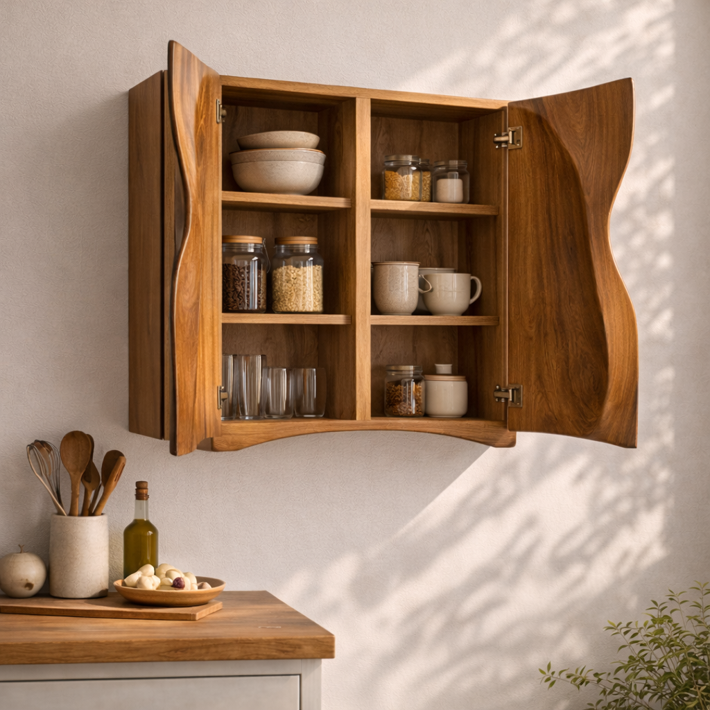 Solid Wood Kitchen Cabinet with Sculpted Curved Doors – Modern Wall Storage Cabinet