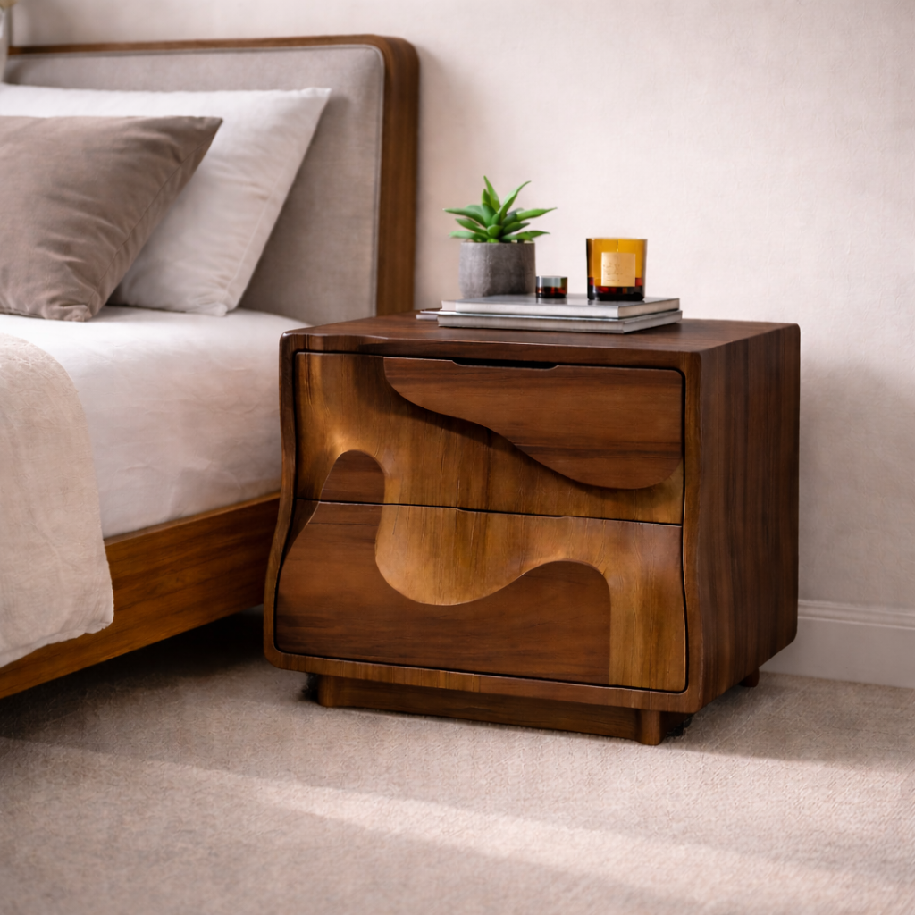 Modern Solid Wood Nightstand with 2 Drawers – Sculptural Bedside Table Storage
