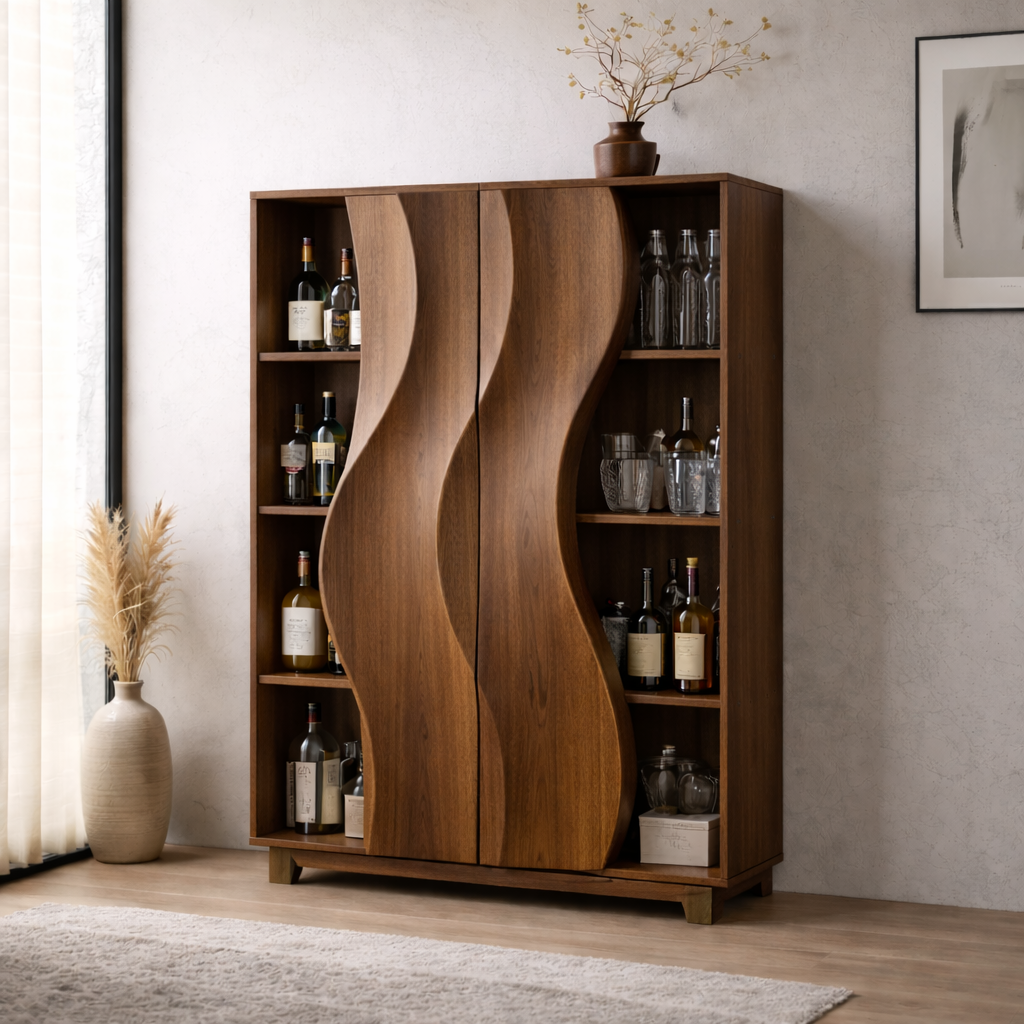 Solid Wood Bar Cabinet with Sculpted Wave Doors and Open Bottle Storage