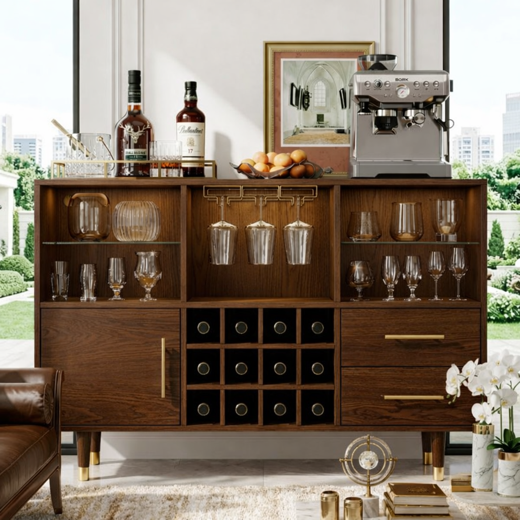Modern Wooden Bar Cabinet, Coffee Station Sideboard with Built-In Wine-Glass Storage