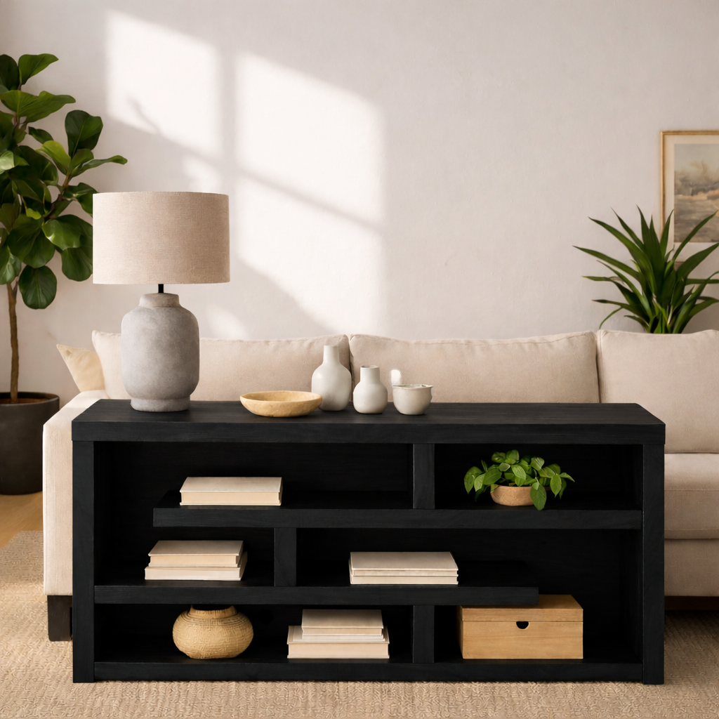 Modern Wood Console Table, Mid Century Media Console Cabinet with Open Storage Shelves Kitchnce