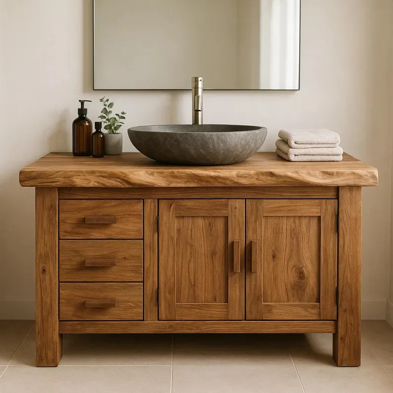 Handcrafted Solid Wood Bathroom Vanity with Drawers and Cabinet Doors – Rustic Farmhouse Vanity Furniture for Storage Kitchnce