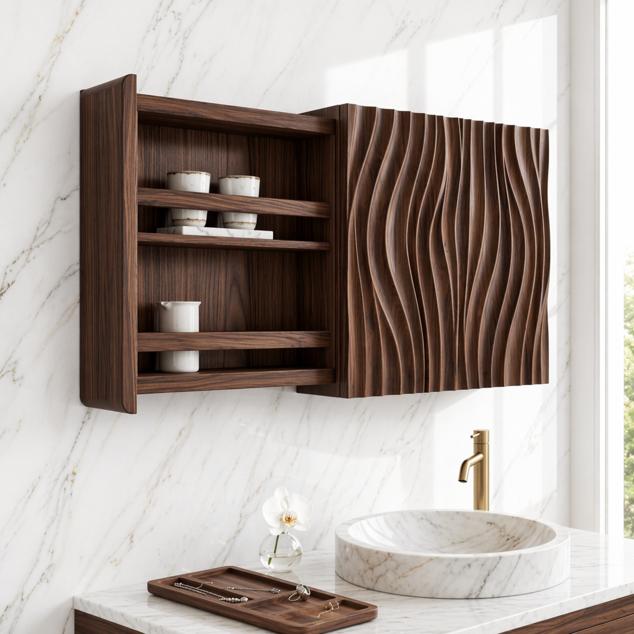 Floating Bathroom Cabinet, Modern Wavy Wall Mounted Vanity Storage Shelf Organizer
