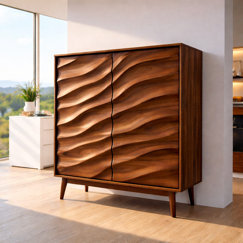 Solid Wood Bar Cabinet with Sculpted Wave Doors – Modern Mid Century Home Bar Storage