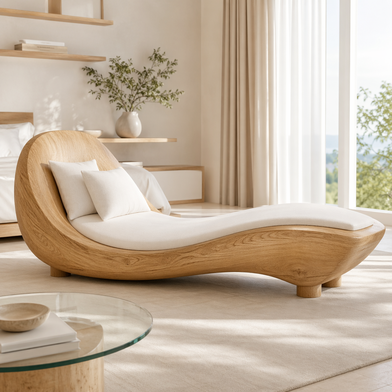 Modern Curved Chaise Lounge Sculptural Daybed with Cushion for Bedroom Decor