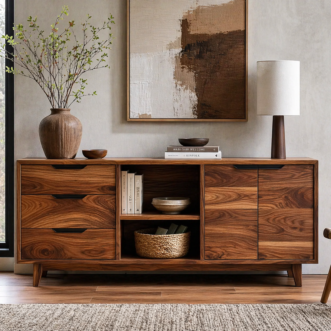 Modern Solid Wood Sideboard Cabinet with Drawers, Doors & Open Shelf Storage
