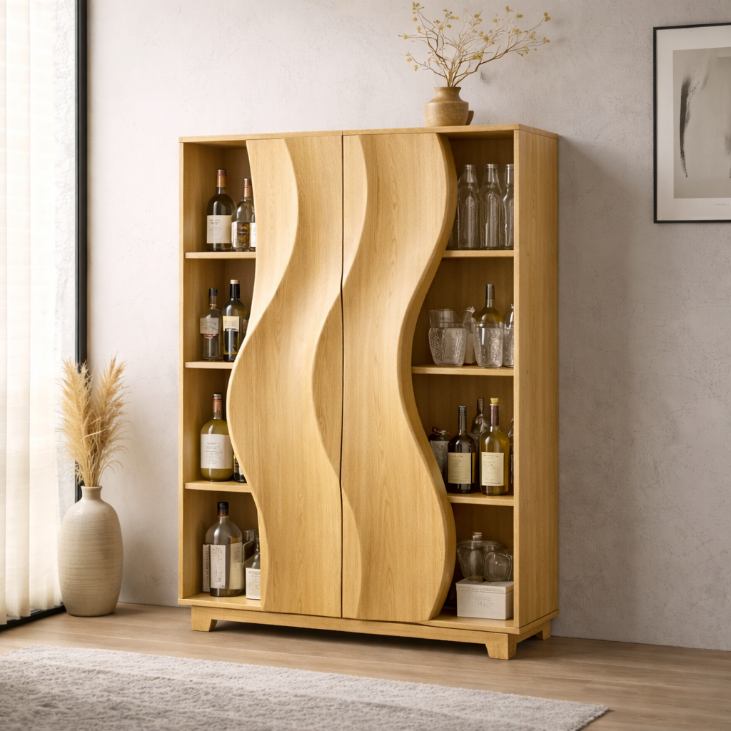 Solid Wood Bar Cabinet with Sculpted Wave Doors and Open Bottle Storage