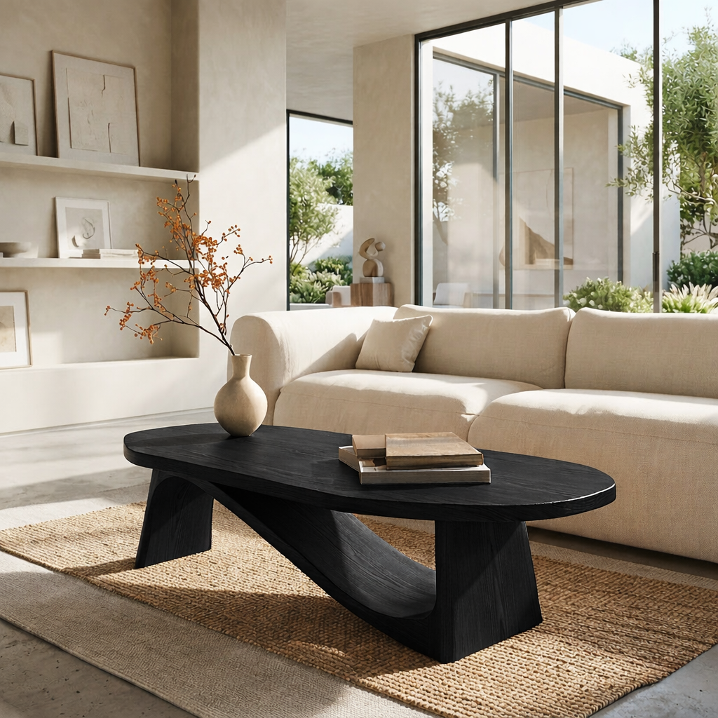 Modern Oval Coffee Table with Sculptural Base, Minimalist Living Room Centerpiece