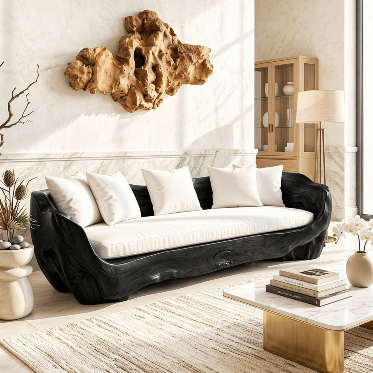 Organic Curved Wooden Sofa, Sculptural Statement Couch with Plush White Cushions