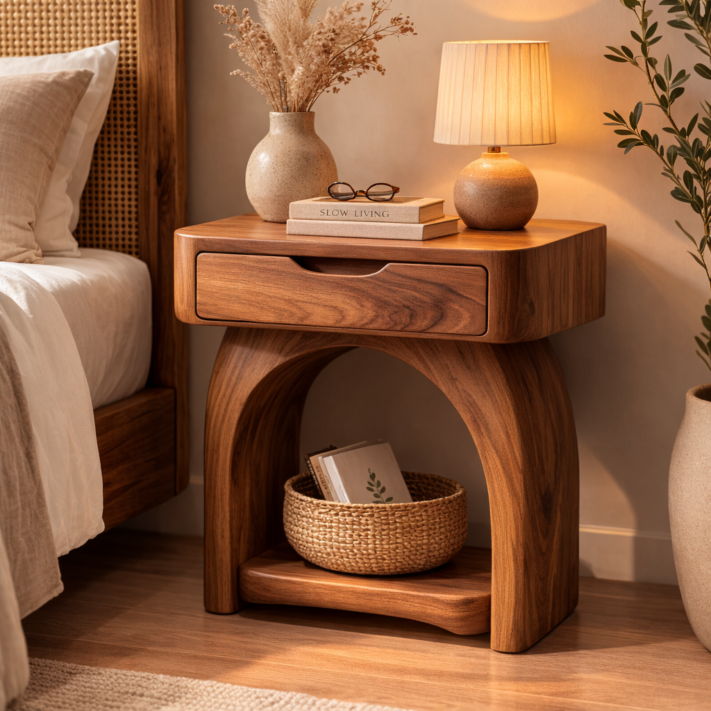 Solid Wood Nightstand with Drawer and Shelf – Modern Bedside Table for Bedroom