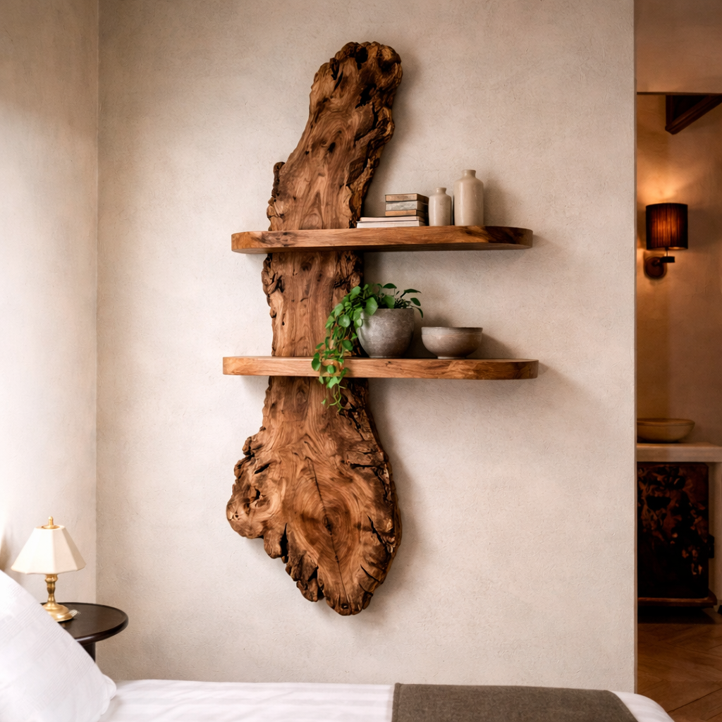 Handcrafted Solid Wood Live Edge Wall Shelf - Organic Tree-Shaped Floating Home Decor