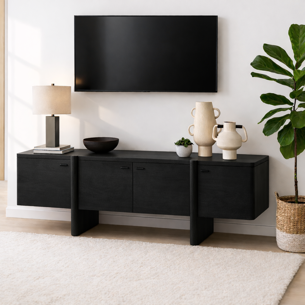 Handcrafted Solid Wood TV Stand with Drawer and Open Shelf Mid Century Modern Media Console Kitchnce