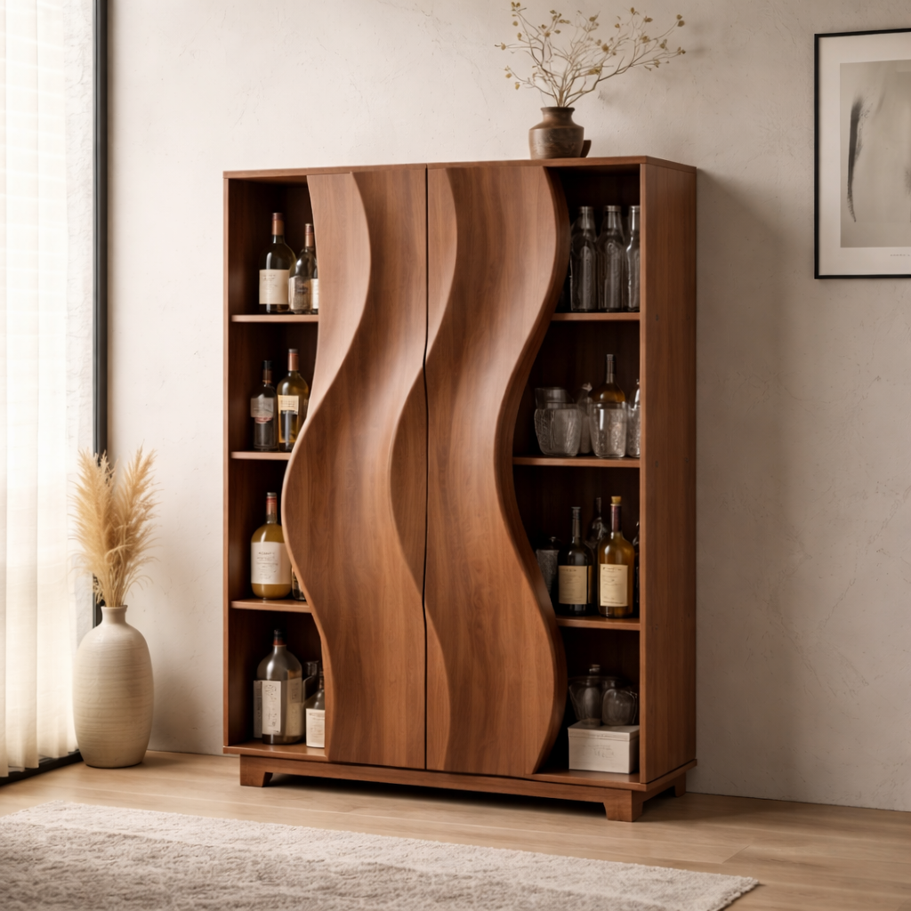 Solid Wood Bar Cabinet with Sculpted Wave Doors and Open Bottle Storage
