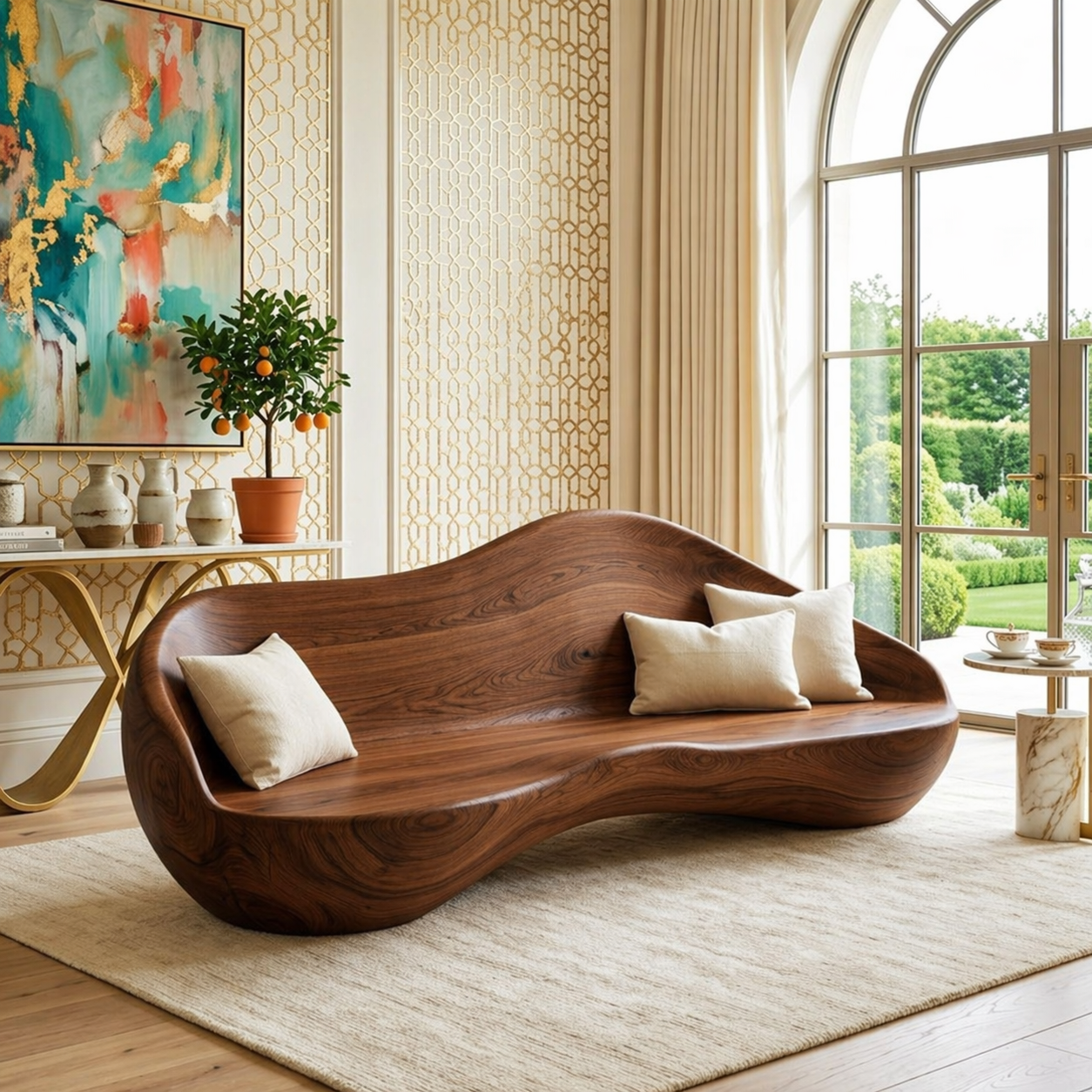 Sculptural Curved Wooden Sofa, Luxury Statement Seating for Refined Modern Interiors