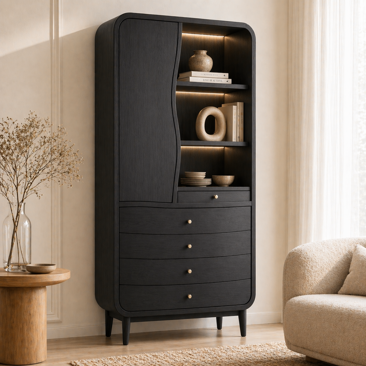 Modern Tall Wine Cabinet With Drawers Display Shelves Freestanding Storage Cabinet
