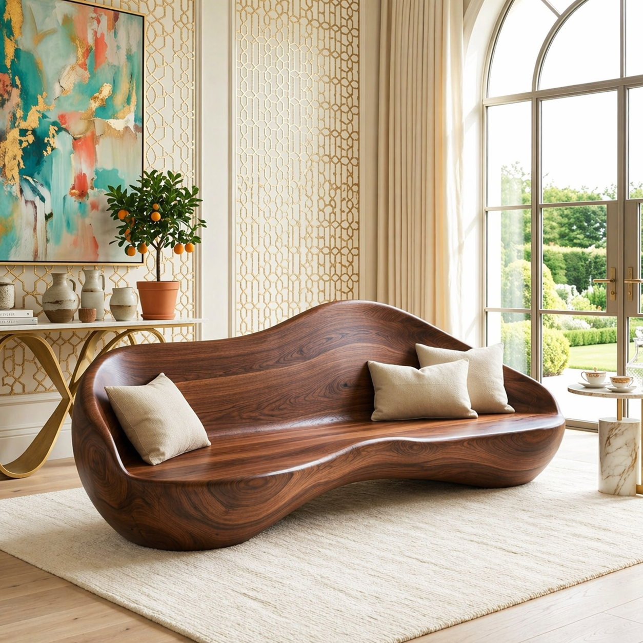 Sculptural Curved Wooden Sofa, Luxury Statement Seating for Refined Modern Interiors