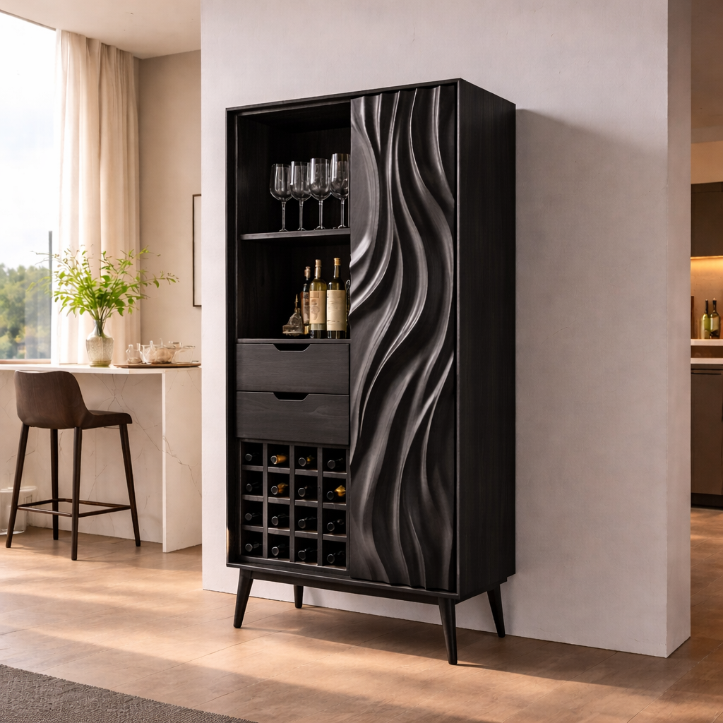 Tall Solid Wood Bar Cabinet with Wine Rack & Sculpted Door – Modern Home Bar Storage
