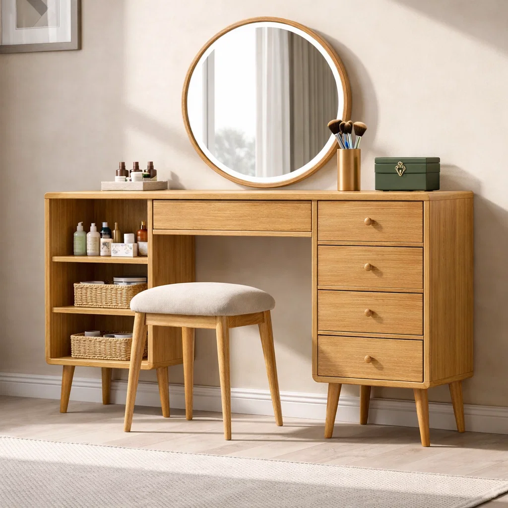 Solid Wood Makeup Vanity with Spacious Storage – Modern Mid-Century Design