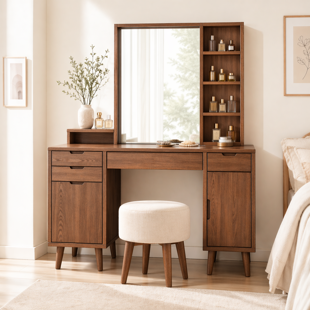 Modern Makeup Vanity Desk With Mirror Storage Shelves Drawers Bedroom Furniture Set