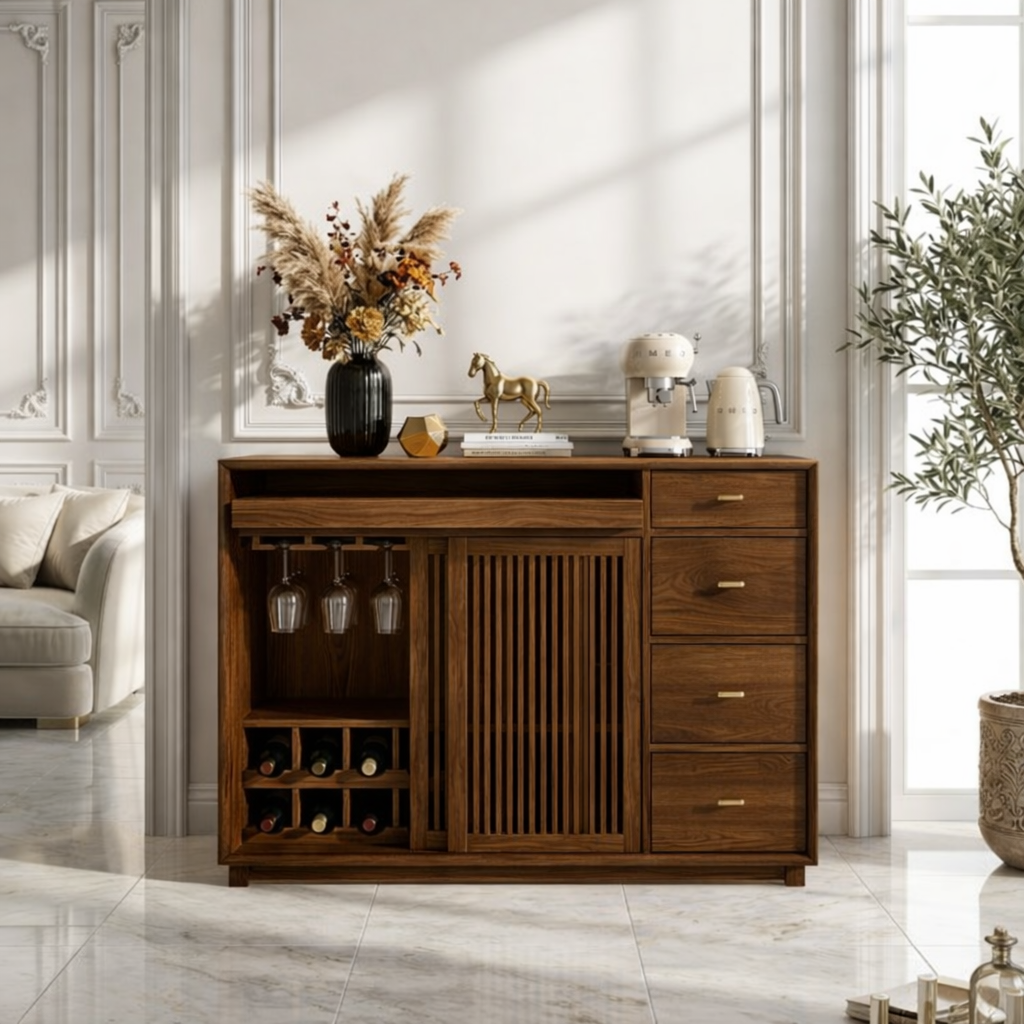Contemporary Wooden Bar Cabinet, Coffee Station Sideboard with Wine Storage Drawers