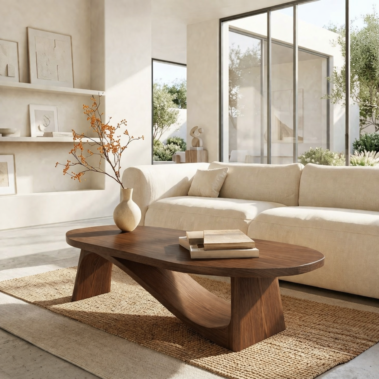 Modern Oval Coffee Table with Sculptural Base, Minimalist Living Room Centerpiece
