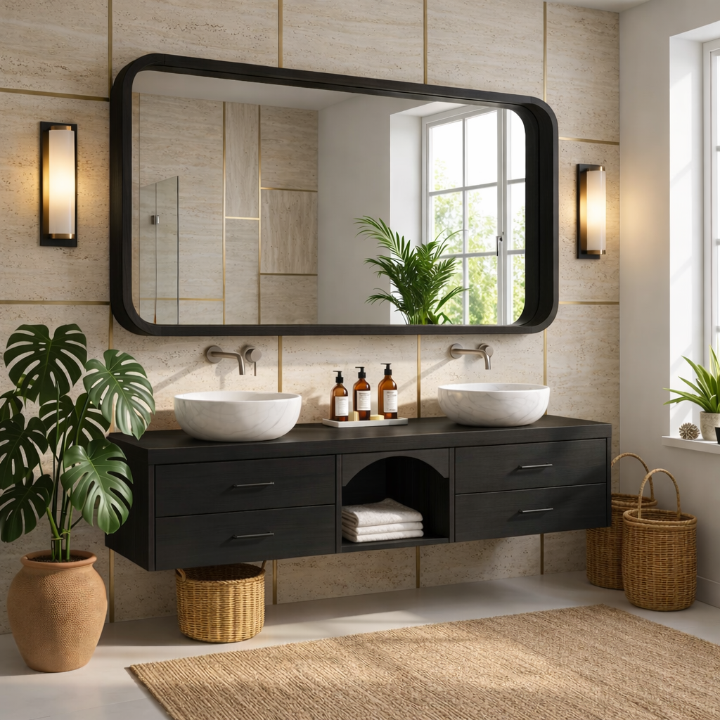 Double Sink Floating Vanity with Oak Wood, Modern and Spacious Design Kitchnce