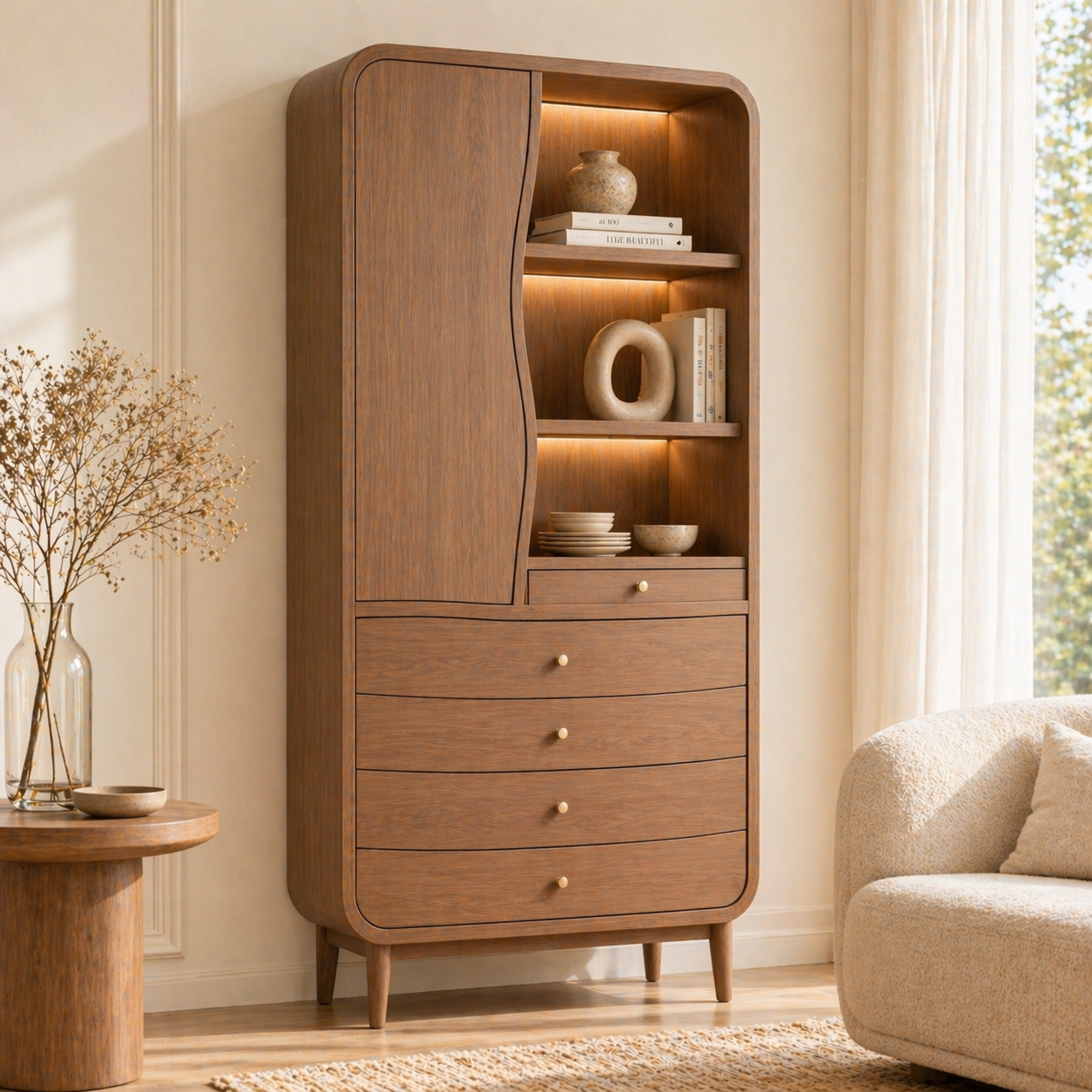 Modern Tall Wine Cabinet With Drawers Display Shelves Freestanding Storage Cabinet