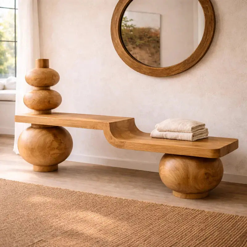 Sculptural Solid Wood Bench, Modern Artistic Entryway Statement Seating Kitchnce