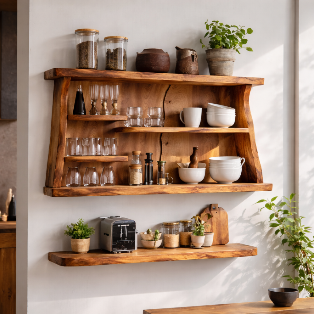 Solid Wood Kitchen Cabinet Shelf – Rustic Wall Mounted Open Storage Rack