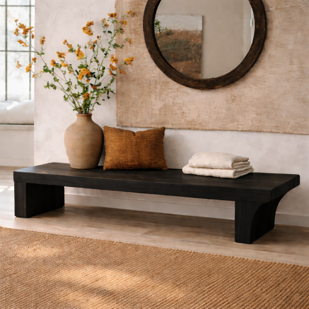 Solid Wood Low Profile Bench, Minimalist Modern Entryway Seating