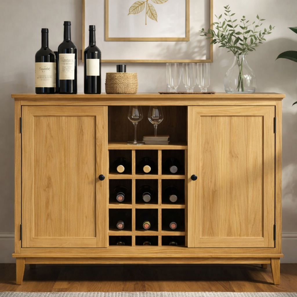 Handcrafted Solid Wood Wine Cabinet Storage Sideboard with Glass Holder Modern Home Bar