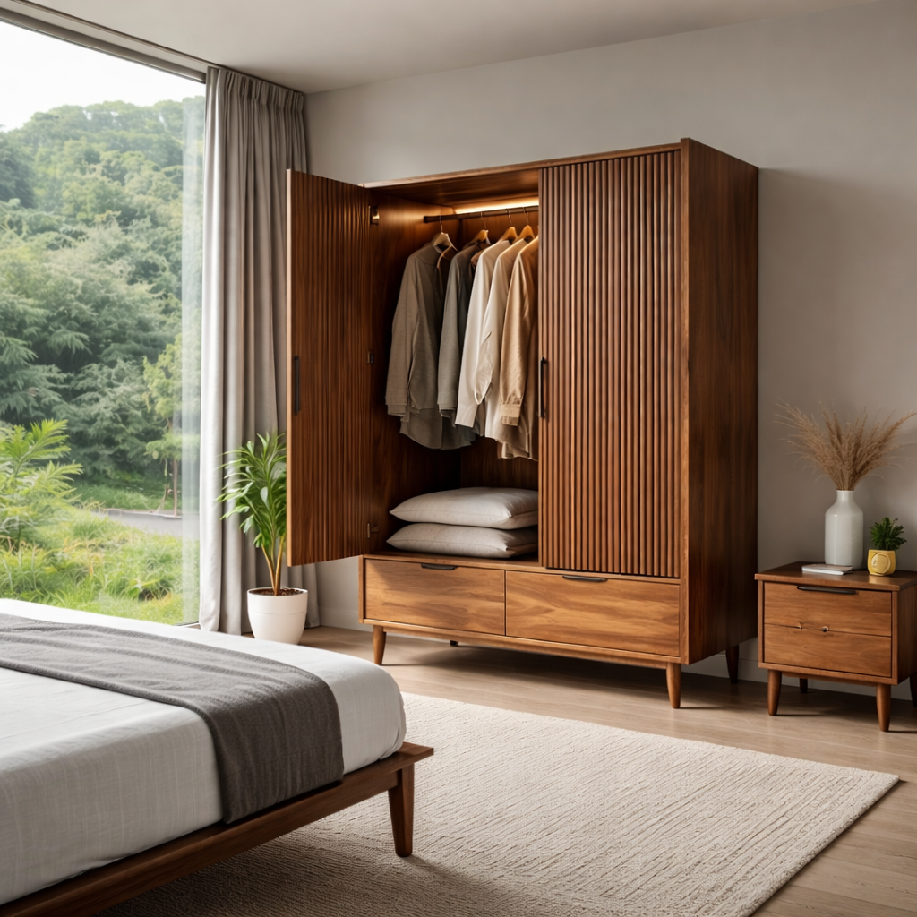 Solid Wood Wardrobe with Slatted Doors and Drawers – Modern Bedroom Closet