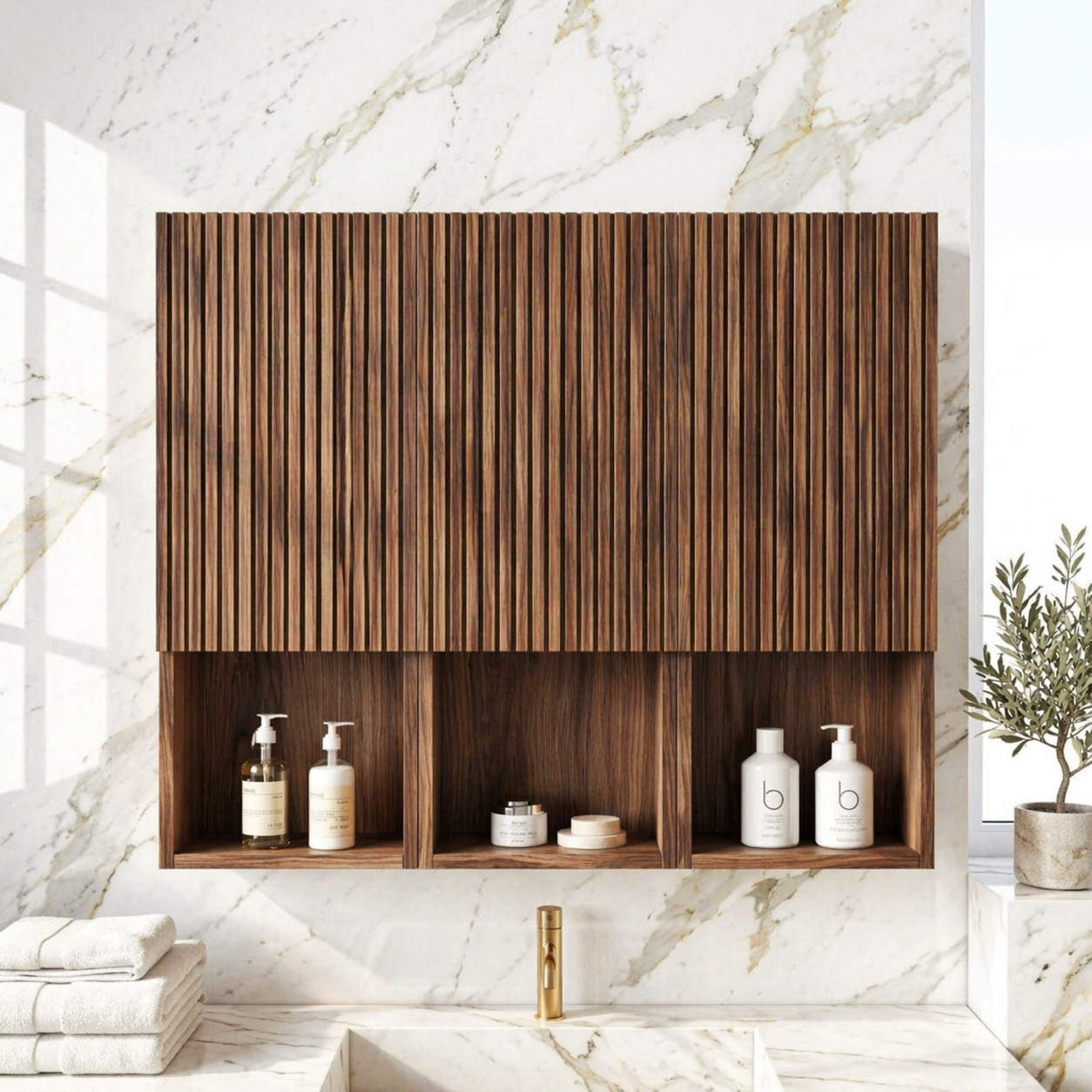 Floating Bathroom Cabinet, Modern Slatted Wall Mounted Vanity Storage Organizer Unit
