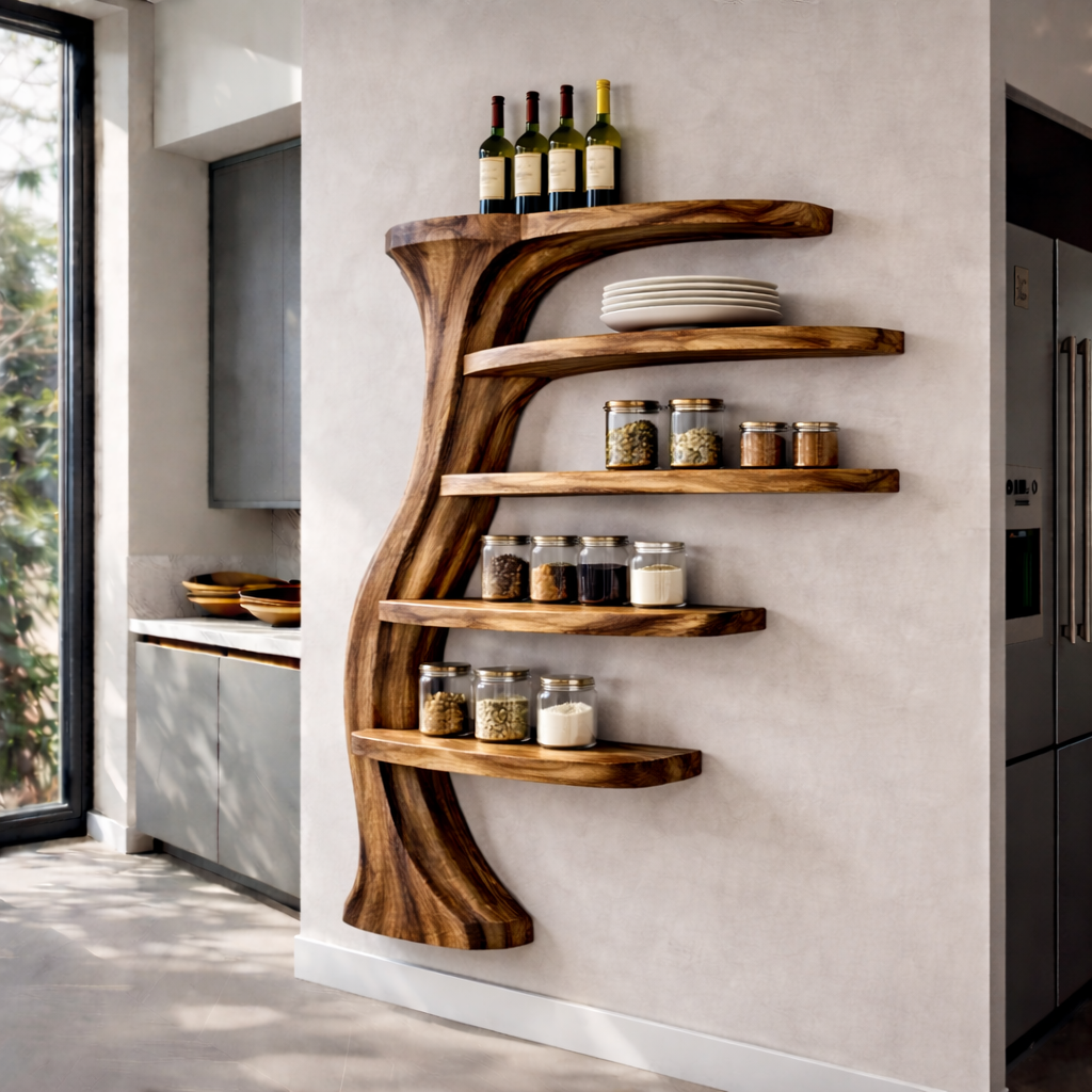 Handcrafted Solid Wood Tree-Inspired Wall Shelf - Sculptural Floating Kitchen & Living Decor